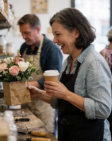 Une vendeuse souriante tient un bouquet de fleurs et une tasse de café dans sa boutique, avec un client en arrière-plan.