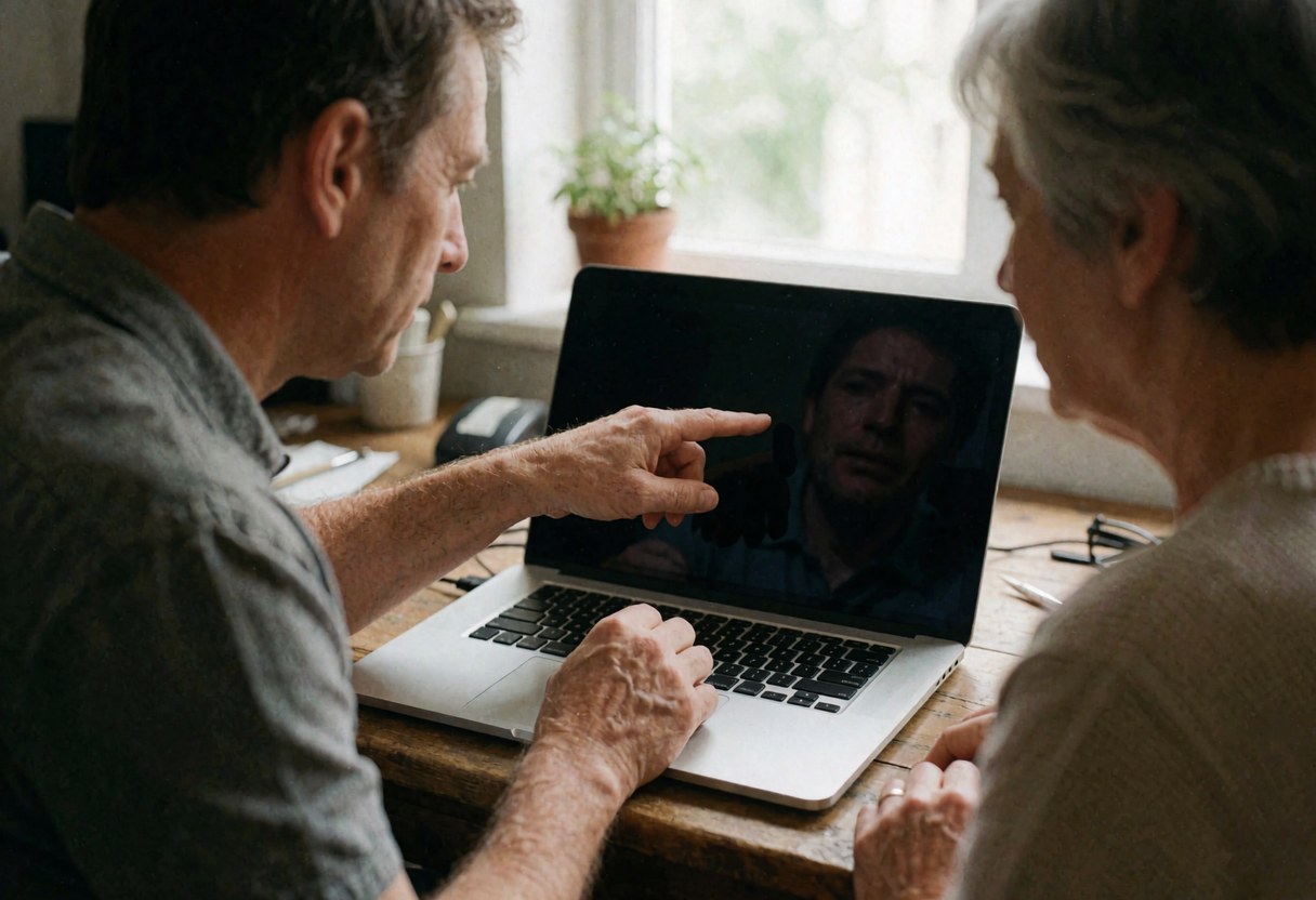 Un technicien explique un problème sur un ordinateur portable à un client lors d'une intervention de support informatique à son domicile.