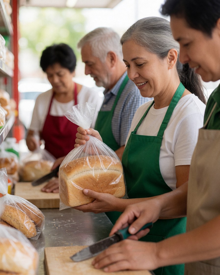 Une cliente souriante tient un sac de pain frais dans une boulangerie ou un minimarket.