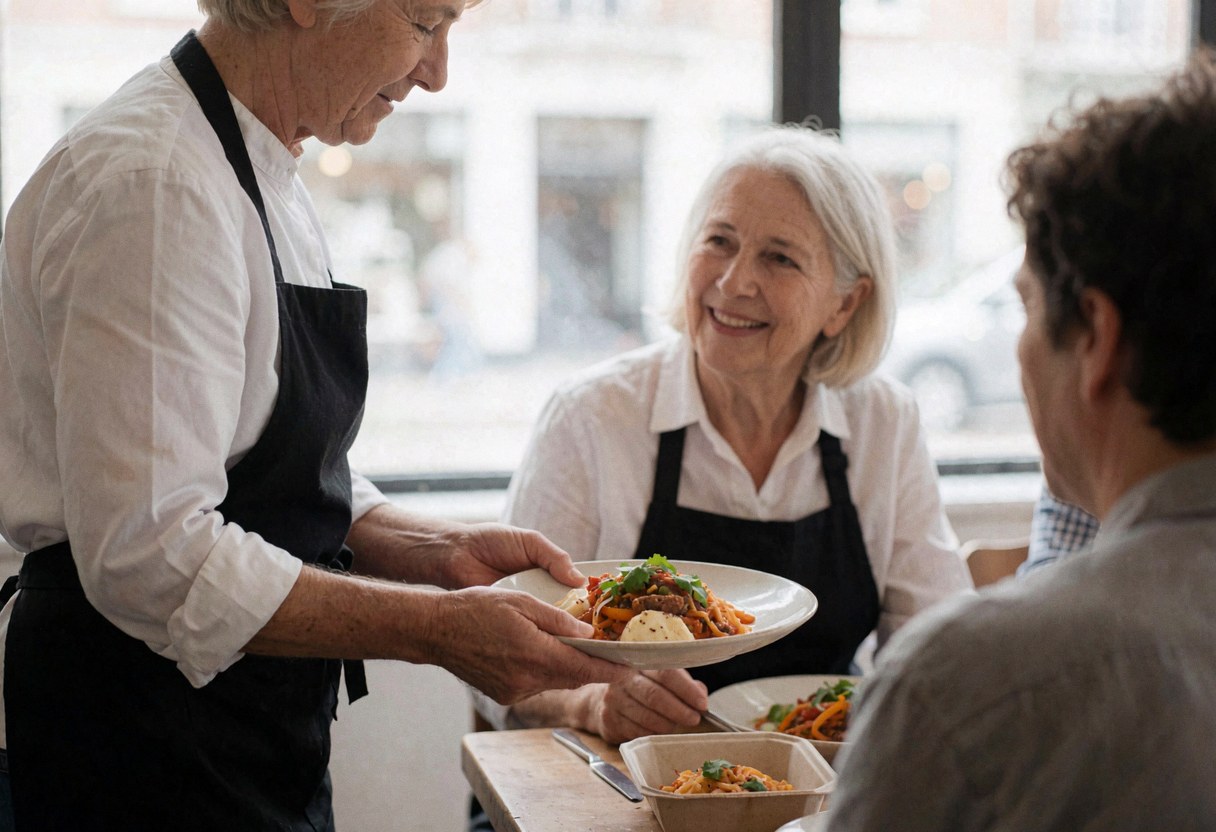 Un cuisinier présente un plat à des clients assis dans un restaurant baigné de lumière naturelle, avec une table dressée.