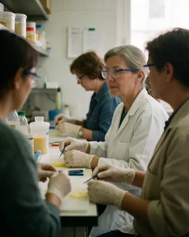 Des professionnels manipulent des échantillons et utilisent des équipements de laboratoire avec des gants et des lunettes de sécurité.