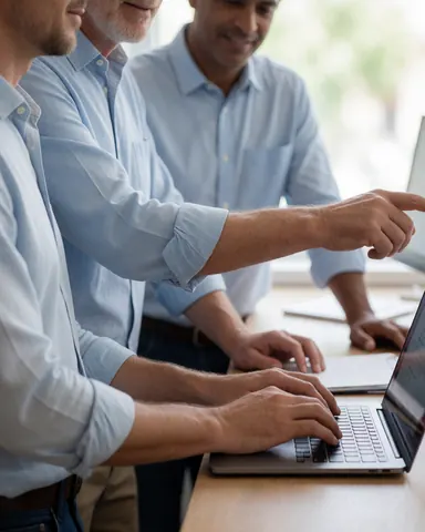 Deux professionnels masculins travaillent ensemble sur un ordinateur portable posé sur un bureau en bois dans un environnement de bureau moderne.