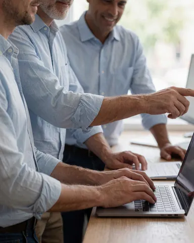 Deux professionnels masculins travaillent ensemble sur un ordinateur portable posé sur un bureau en bois dans un environnement de bureau moderne.