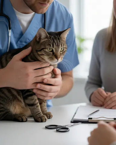 Un vétérinaire examine un chat tandis qu'un client observe. Des outils médicaux sont disposés sur une table dans un environnement clinique moderne et propre.