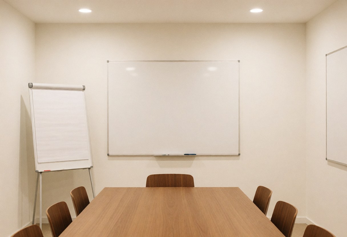 Salle de réunion moderne équipée d'une table en bois, de chaises et de tableaux blancs, idéale pour les affaires et la planification stratégique dans un environnement professionnel.