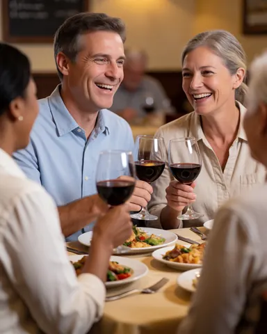 Un couple souriant profite d'un repas dans un restaurant avec des verres de vin rouge, des plats devant eux et une lumière chaleureuse.