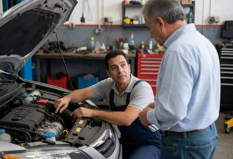 Mécanicien expliquant une réparation de moteur à un client dans un atelier avec des outils et une voiture en arrière-plan.