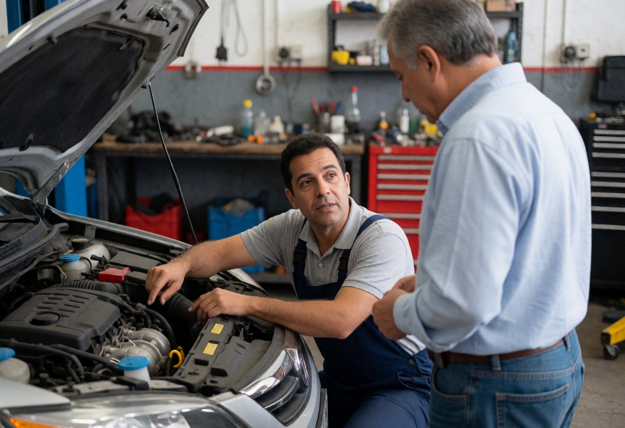 Mécanicien expliquant une réparation de moteur à un client dans un atelier avec des outils et une voiture en arrière-plan.
