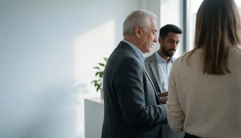 Trois professionnels discutant dans un environnement corporatif épuré avec espace négatif à gauche pour texte.
