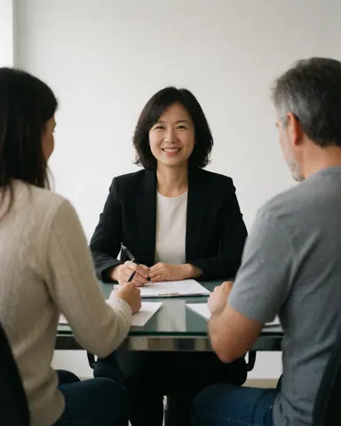 Portrait en buste d'une femme professionnelle vêtue de manière formelle, regardant l'objectif avec une expression sérieuse et confiante.