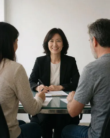 Portrait en buste d'une femme professionnelle vêtue de manière formelle, regardant l'objectif avec une expression sérieuse et confiante.