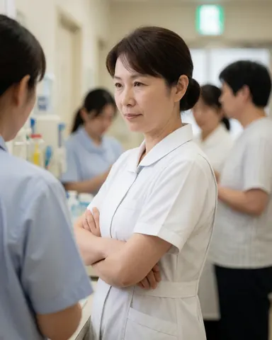 Infirmière d'âge mûr en uniforme blanc, bras croisés, dans un couloir de clinique avec fond flou et éclairage doux.