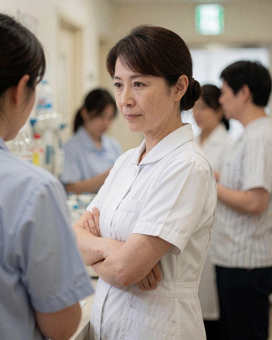 Infirmière d'âge mûr en uniforme blanc, bras croisés, dans un couloir de clinique avec fond flou et éclairage doux.