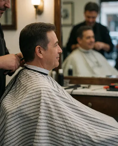 Un homme est assis sur une chaise de barbier avec une cape, devant un miroir, dans un salon professionnel.