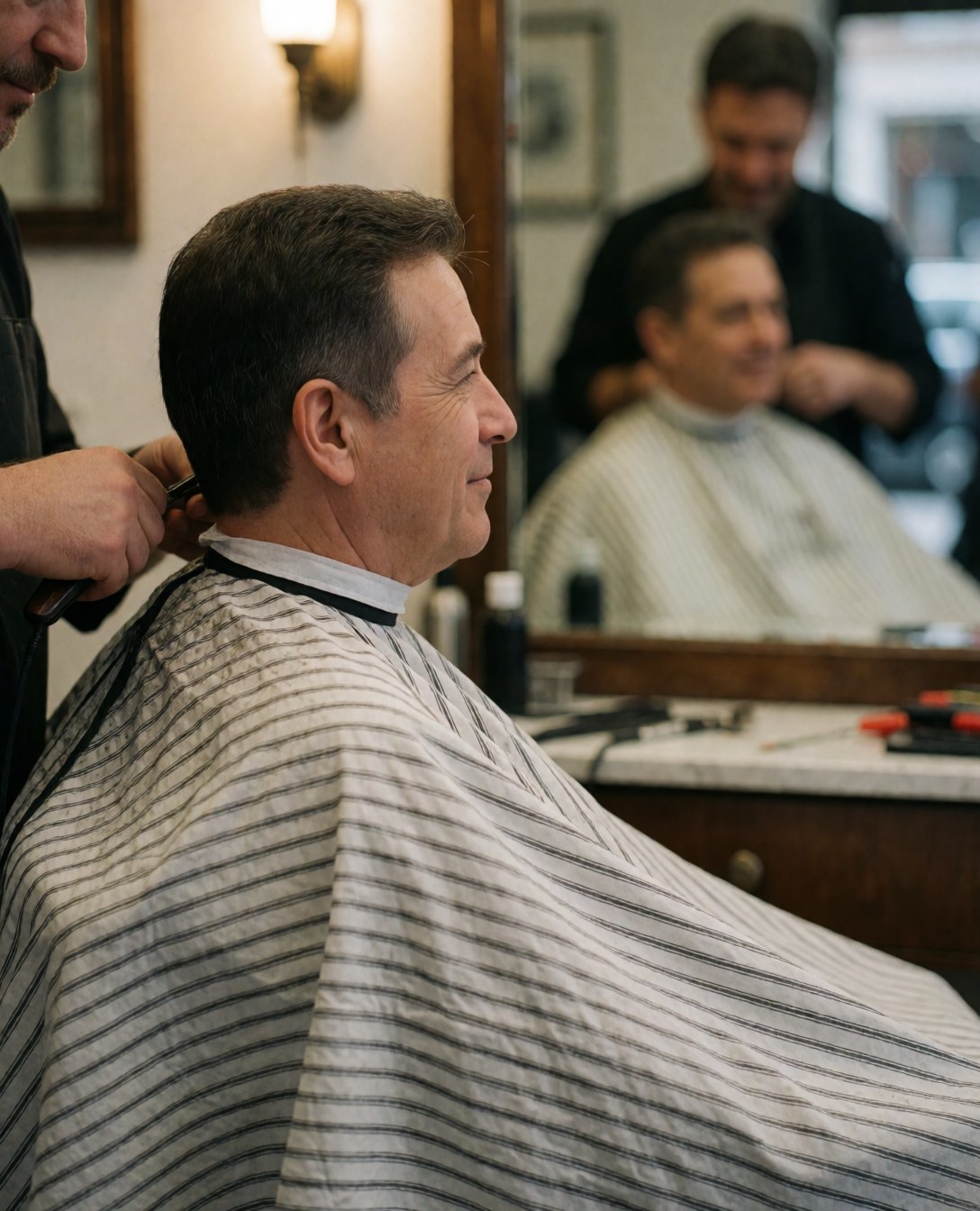 Un homme est assis sur une chaise de barbier avec une cape, devant un miroir, dans un salon professionnel.