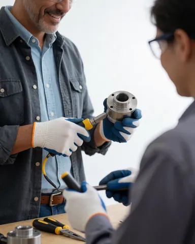 Un homme en tenue de travail tient une pièce métallique avec satisfaction, illustrant la qualité du produit manufacturé.