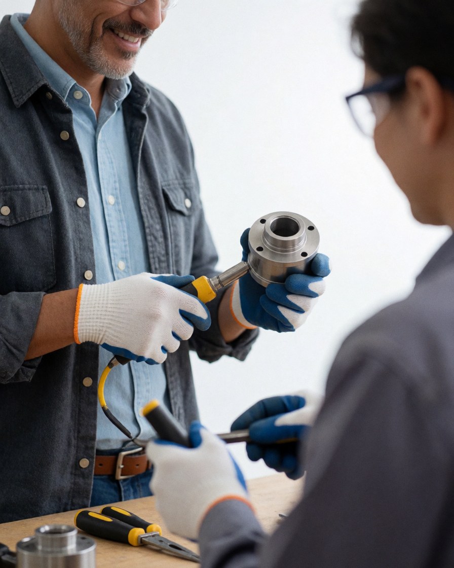 Un homme en tenue de travail tient une pièce métallique avec satisfaction, illustrant la qualité du produit manufacturé.