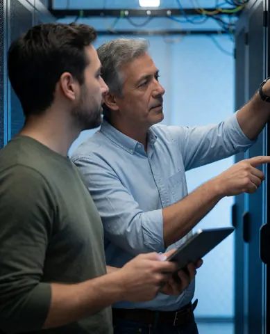 Deux ingénieurs informatiques travaillant dans une salle de serveurs, l'un tenant une tablette et l'autre pointant un écran, sous un éclairage bleu dans un environnement professionnel.