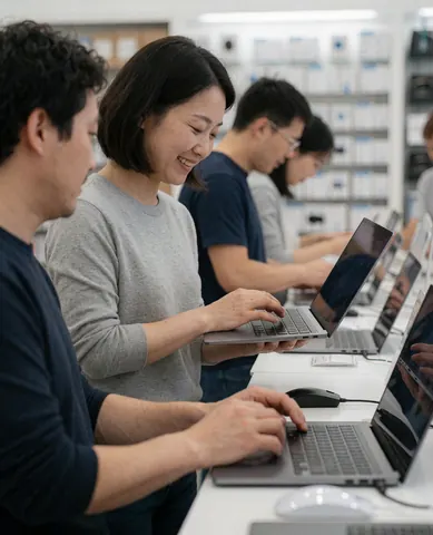 Une cliente souriante teste un ordinateur portable dans une boutique de technologie moderne et lumineuse, entourée d'autres personnes.