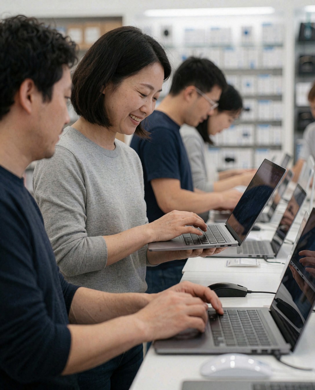 Une cliente souriante teste un ordinateur portable dans une boutique de technologie moderne et lumineuse, entourée d'autres personnes.