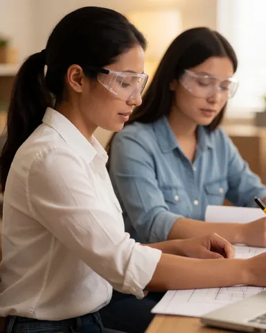 Des ingénieures en tenue de travail vérifient des plans architecturaux sur une table dans un environnement professionnel.
