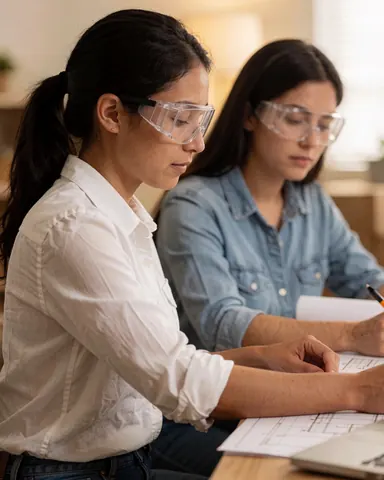 Des ingénieures en tenue de travail vérifient des plans architecturaux sur une table dans un environnement professionnel.