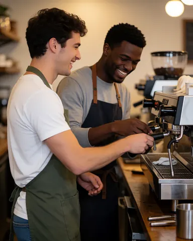 Deux baristes souriants travaillent ensemble sur une machine espresso dans un café, baignés d'une lumière chaleureuse créant une ambiance conviviale.