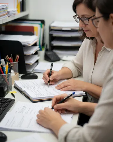 Une comptable professionnelle est assise à son bureau, concentrée sur ses documents financiers.