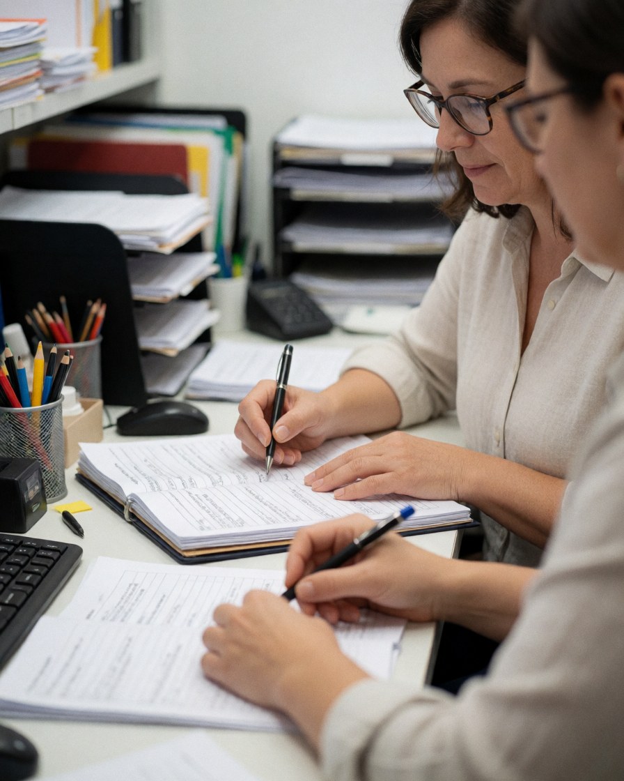 Une comptable professionnelle est assise à son bureau, concentrée sur ses documents financiers.