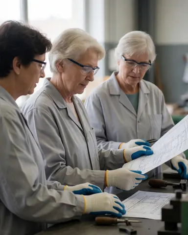 Trois professionnelles en tenue de travail vérifient un schéma technique dans un environnement industriel propre, entourées d'outils et de machines.