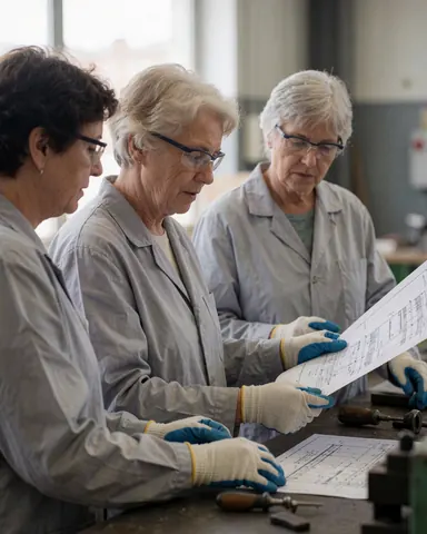 Trois professionnelles en tenue de travail vérifient un schéma technique dans un environnement industriel propre, entourées d'outils et de machines.