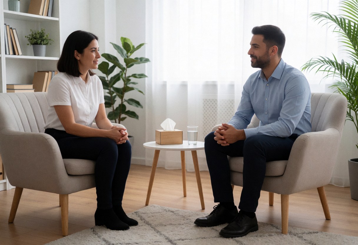 Vue intérieure d'un cabinet de psychologie moderne avec des tons blancs et bleus, créant une ambiance calme et professionnelle pour les patients.