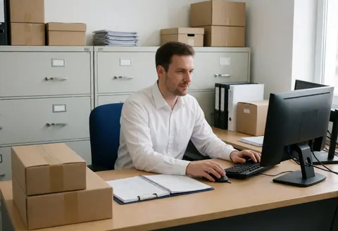 Un administrateur travaille à son bureau dans un espace professionnel avec des archivages, une boîte et du matériel informatique.