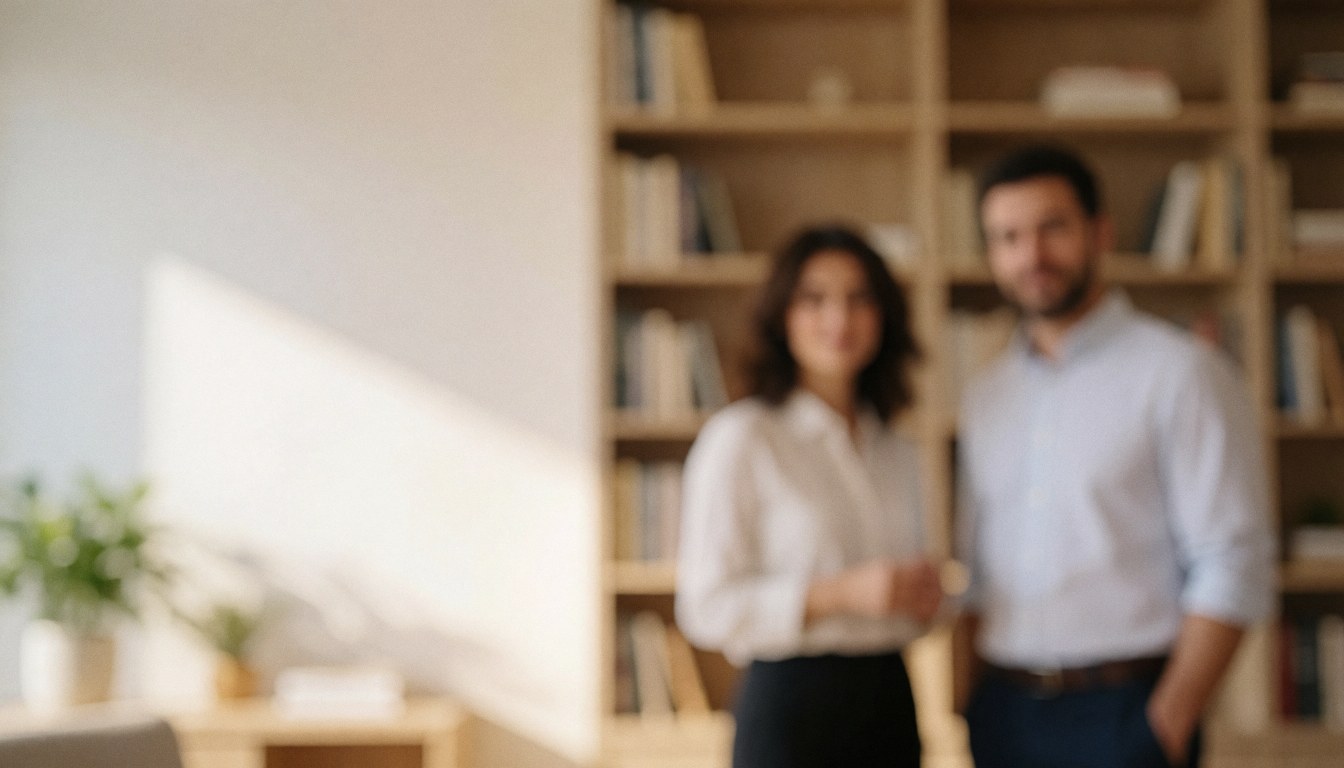 Espace de travail apaisant doté d'étagères en bois, de plantes vertes et d'une lumière naturelle douce, servant de fond neutre pour du contenu professionnel.