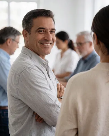 Portrait d'un homme d'affaires souriant, vêtu d'une chemise blanche, les bras croisés, dans un environnement de bureau moderne.