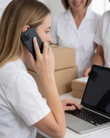 Une femme au bureau utilise son téléphone tout en travaillant sur son ordinateur portable, avec des collègues en arrière-plan dans un environnement lumineux.