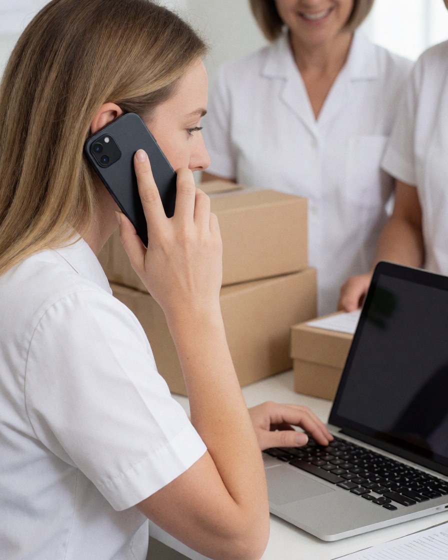 Une femme au bureau utilise son téléphone tout en travaillant sur son ordinateur portable, avec des collègues en arrière-plan dans un environnement lumineux.