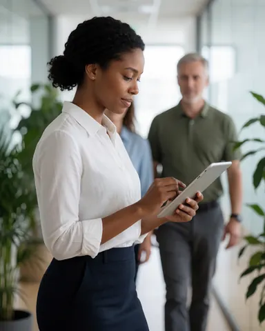 Une femme d'affaires professionnelle marche dans un couloir lumineux de bureau blanc en tenant une tablette numérique, entourée de plantes vertes.