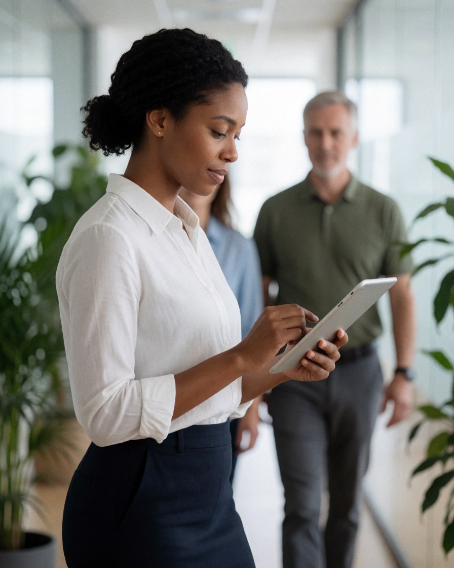 Une femme d'affaires professionnelle marche dans un couloir lumineux de bureau blanc en tenant une tablette numérique, entourée de plantes vertes.