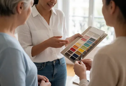 Une designer montre des échantillons de couleur à des clients dans une pièce lumineuse, collaborant sur un projet de décoration intérieure.
