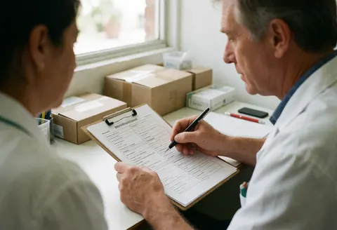 Un psychologue et son client passent en revue une feuille de travail ensemble dans un bureau. Le professionnel note des informations pendant que le client observe attentivement.