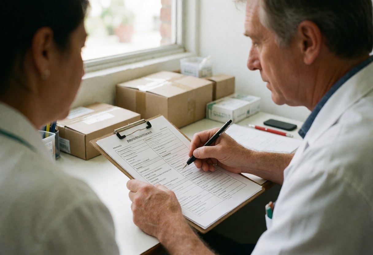 Un psychologue et son client passent en revue une feuille de travail ensemble dans un bureau. Le professionnel note des informations pendant que le client observe attentivement.