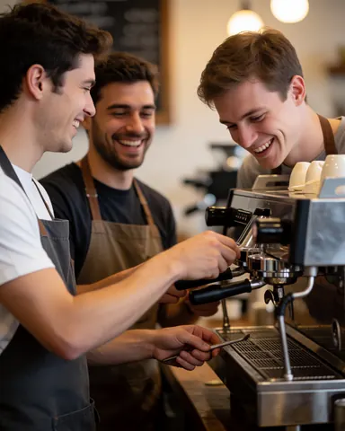 Trois baristas jeunes et souriants nettoient une machine à espresso dans un café, baigné d'une lumière chaleureuse créant une ambiance conviviale.