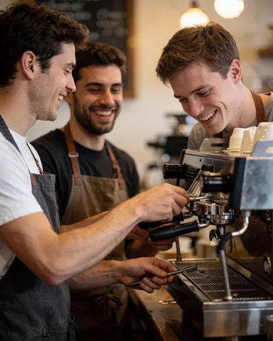 Trois baristas jeunes et souriants nettoient une machine à espresso dans un café, baigné d'une lumière chaleureuse créant une ambiance conviviale.