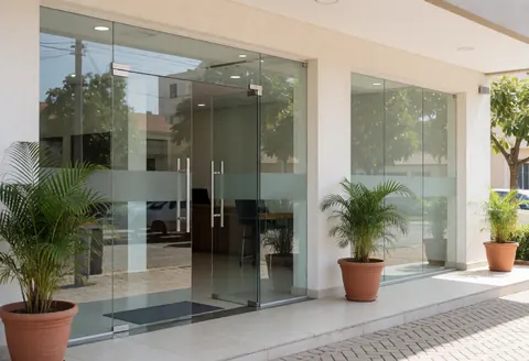 Façade d'un commerce avec portes en verre, plantes en pot et lumière naturelle. Idéal pour les ventes et les accords.