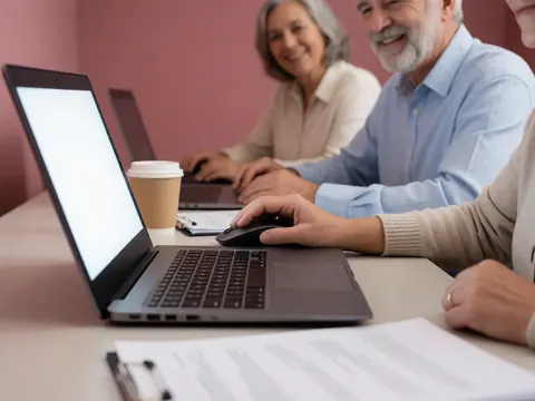 Trois adultes utilisent des ordinateurs portables dans un bureau moderne avec documents et café, illustrant la productivité et la collaboration.