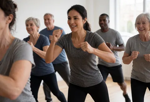 Une instructrice d'aérobic anime une classe de fitness dans un gymnase lumineux, tandis que des adultes de tous âges suivent les mouvements avec énergie et enthousiasme.