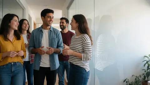 Membres d'une équipe de startup discutant dans un couloir moderne avec des murs en verre, une ambiance professionnelle et dynamique.