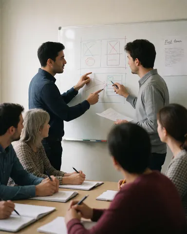 Deux hommes expliquent un diagramme sur un tableau blanc pendant qu'un collègue prend des notes. Ambiance professionnelle et concentrée.
