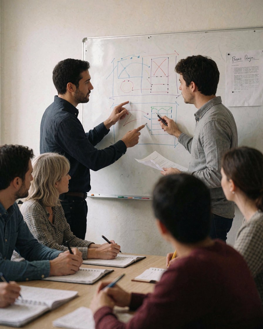 Deux hommes expliquent un diagramme sur un tableau blanc pendant qu'un collègue prend des notes. Ambiance professionnelle et concentrée.